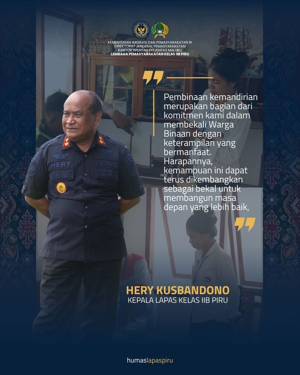 Humaslapaspiru's tweet photo. Bengkel Kerja Lapas Piru Jadi Sarana Kreativitas Warga Binaan

Baca selengkapnya di :
https://t.co/4saMMiWlJM

#lapaspiru #pembinaankemandirian #kemenimipas #ditjenpas #kanwilditjenpasmaluku https://t.co/ug5ve70MH5