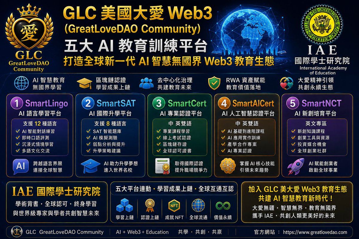 FrankIAEUN's tweet photo. GLC美国大爱Web3（GreatLoveDAO Community） 五大 AI 教育训练平台 打造全球新一代 AI 智慧无国界Web3教育生态  https://t.co/eQHlZEc8Xh https://t.co/3f1sZtsnxs
