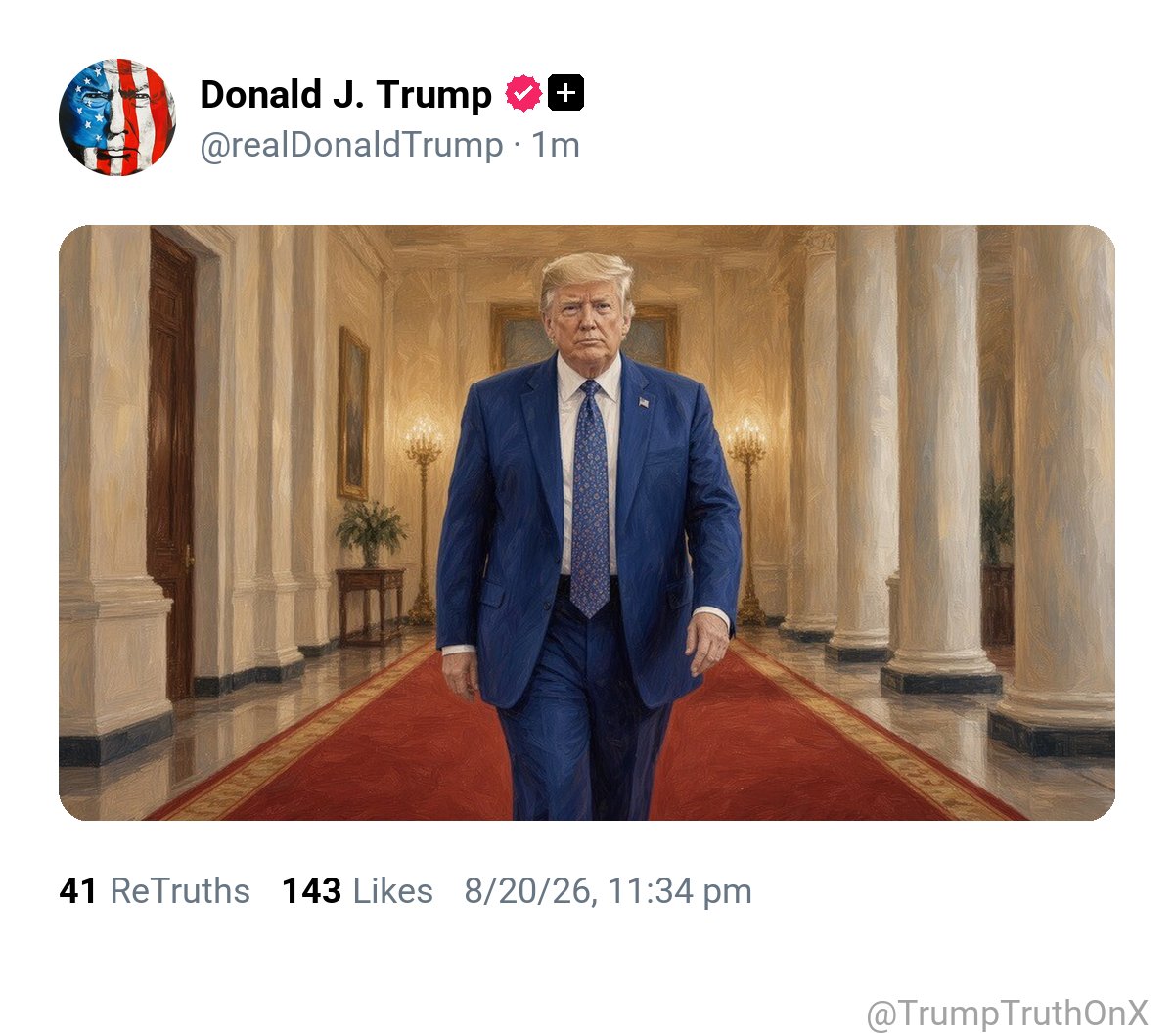 TrumpTruthOnX's tweet photo. New media post from Donald J. Trump

( TS: Aug 20 2026, 11:34 PM ET )​​​​​​​​‍‌​​​‌‍‍​​‍‌‍‌‍​‌‌​​​‌‍‌‍​‍‌​‍‍‌‍​​‍ https://t.co/gw270irgvW