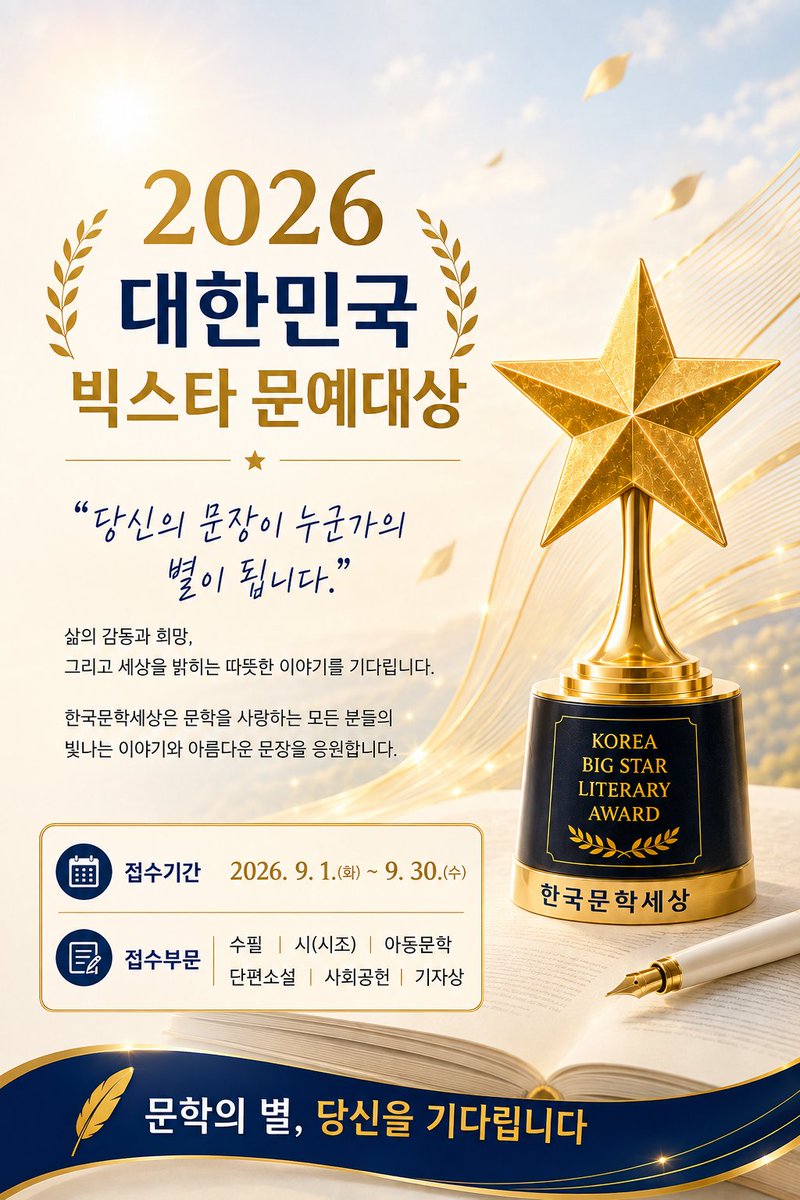 una102103's tweet photo. 한국문학세상, 2026 대한민국 빅스타 문예대상 9월 1일부터 접수
https://t.co/faeW5rg1N8 https://t.co/Ph65OBrxer