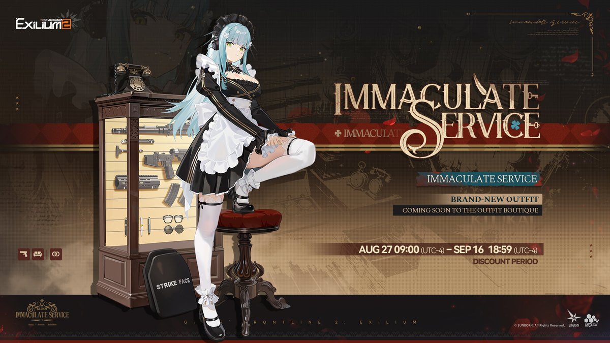 GFL2EXILIUM_EN's tweet photo. Klukai's Outfit | Immaculate Service

Available for a limited-time discount in the Outfit Boutique starting from Aug 27, 09:00 - Sep 16, 18:59 (UTC-4)

>> Download on mobile and PC: https://t.co/SiNltiPpgV
#GirlsFrontline2Exilium #gfl2exilium https://t.co/A24c78ct84