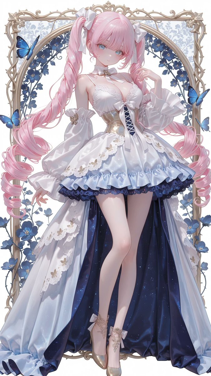 AliceLavli's tweet photo. 青と白のハイロー風ドレスの衣装プロンプトをどうぞ✨
white maxi camisole dress with matching white chiffon tie-front bolero, fitted structured bodice, straight neckline, thin spaghetti shoulder straps with small blue accents, defined natural waist, long flowing A-line skirt reaching the ankles, smooth lightweight opaque white fabric, large royal blue and deep cobalt blue floral motifs distributed across the bodice and skirt, oversized blue blossoms with dark navy centers, sweeping blue paisley leaves, delicate gray and muted gold botanical vines and small ornamental flowers between the main blossoms, large blue butterfly motifs across the lower skirt, wide dark royal blue ornamental lace border continuously trimming the entire skirt hem, elegant scalloped lace edge, matching cropped white sheer chiffon bolero, open front, deep V-shaped opening, elbow-length wide bell sleeves, gathered center front tied into a long white bow at the waist, soft flowing chiffon texture, strict white base with royal blue and cobalt blue motifs, dark royal blue hem lace only, gray and muted gold botanical details only, elegant resort-style silhouette, clean fitted bodice and full flowing maxi skirt
