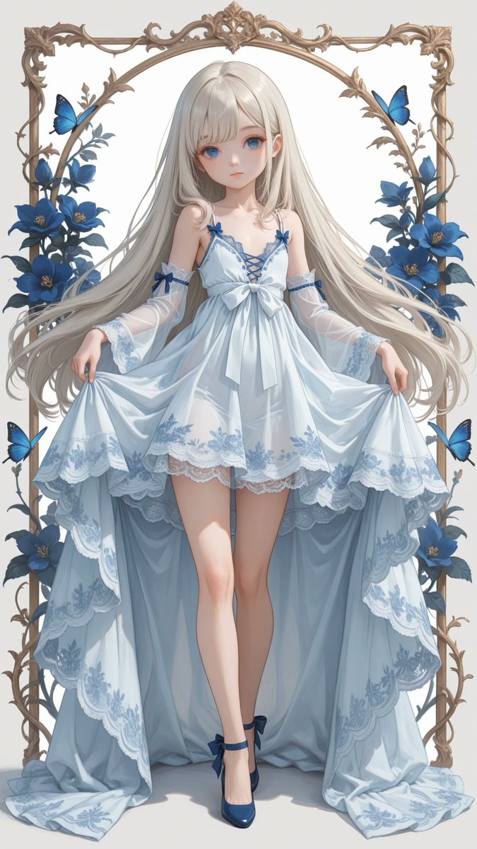 AliceLavli's tweet photo. 青と白のハイロー風ドレスの衣装プロンプトをどうぞ✨
white maxi camisole dress with matching white chiffon tie-front bolero, fitted structured bodice, straight neckline, thin spaghetti shoulder straps with small blue accents, defined natural waist, long flowing A-line skirt reaching the ankles, smooth lightweight opaque white fabric, large royal blue and deep cobalt blue floral motifs distributed across the bodice and skirt, oversized blue blossoms with dark navy centers, sweeping blue paisley leaves, delicate gray and muted gold botanical vines and small ornamental flowers between the main blossoms, large blue butterfly motifs across the lower skirt, wide dark royal blue ornamental lace border continuously trimming the entire skirt hem, elegant scalloped lace edge, matching cropped white sheer chiffon bolero, open front, deep V-shaped opening, elbow-length wide bell sleeves, gathered center front tied into a long white bow at the waist, soft flowing chiffon texture, strict white base with royal blue and cobalt blue motifs, dark royal blue hem lace only, gray and muted gold botanical details only, elegant resort-style silhouette, clean fitted bodice and full flowing maxi skirt