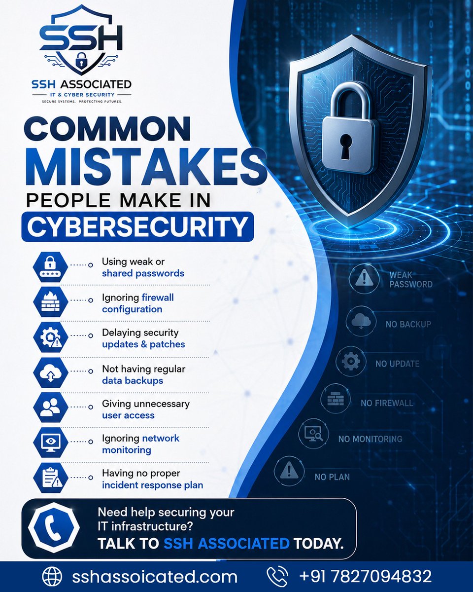 sshassociated's tweet photo. Most businesses get hacked due to these common mistakes.
Don't wait for a cyber attack to take action.

📞 +91 78270 94832
🌐 https://t.co/87CFN2qMCm

#CyberSecurityTips #ITSupport #TechSecurity #CyberSafe #PasswordSecurity #NetworkMonitoring #SecurityAwareness #TechTipsIndia https://t.co/7yfNJjlWhj