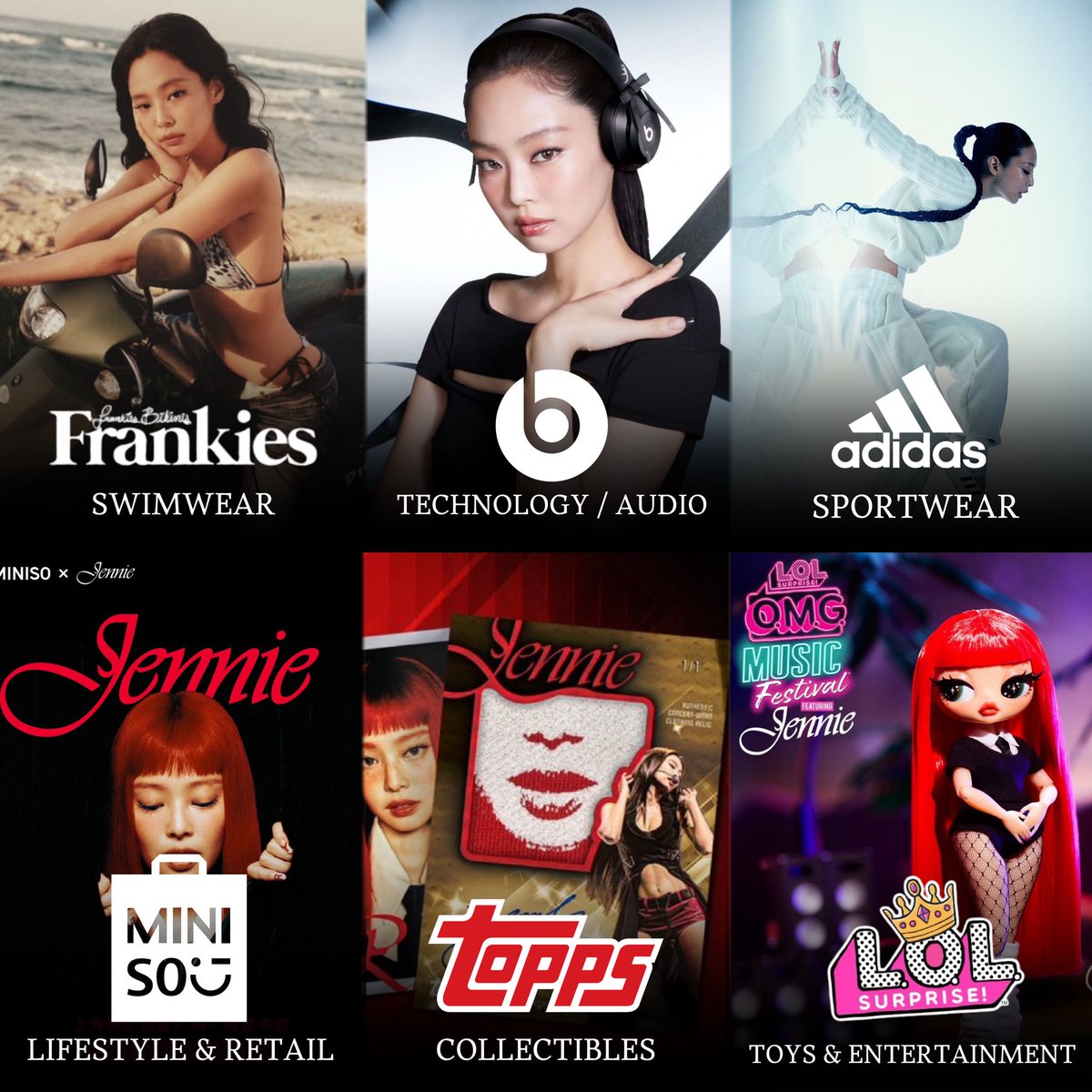 OLlVEKlMN's tweet photo. JENNIE’s own brand collaborations & co-designed collections in 2026 so far ⚡️

- The asian artist with the most self-designed collaborations across a wide range of brands 

JENNIE x adidas 🆕
JENNIE x Topps 🆕
JENNIE x Frankies Bikinis
JENNIE x Beats by Dre
JENNIE x L.O.L. Surprise
JENNIE x MINISO
