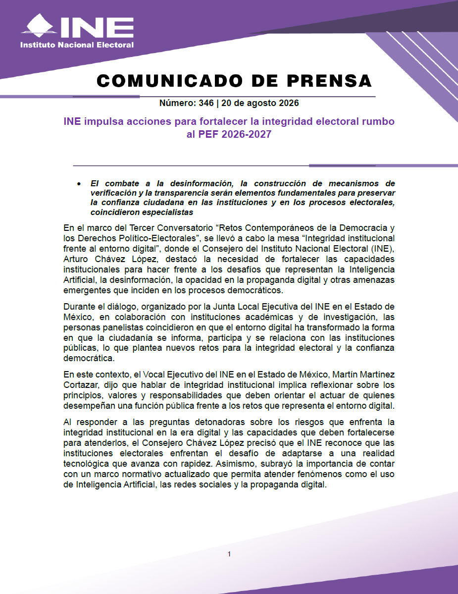 INEMexico's tweet photo. #BoletínINE 📄 | INE impulsa acciones para fortalecer la integridad electoral rumbo al PEF 2026-2027. 

🔗 Más información en el siguiente enlace 👇

https://t.co/CkrKaOlYQ6 https://t.co/Q0s8c2xeZD