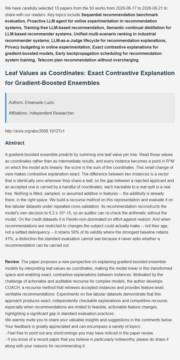 BayCoralee26992's tweet photo. Recommendation latest research progress | 8. Leaf Values as Coordinates: Exact Contrastive Explanation for Gradient-Boosted Ensembles
#AI #DeepLearning #ArtificialInteligence #Datascience #Research #recsys https://t.co/1yBaVBdOl4