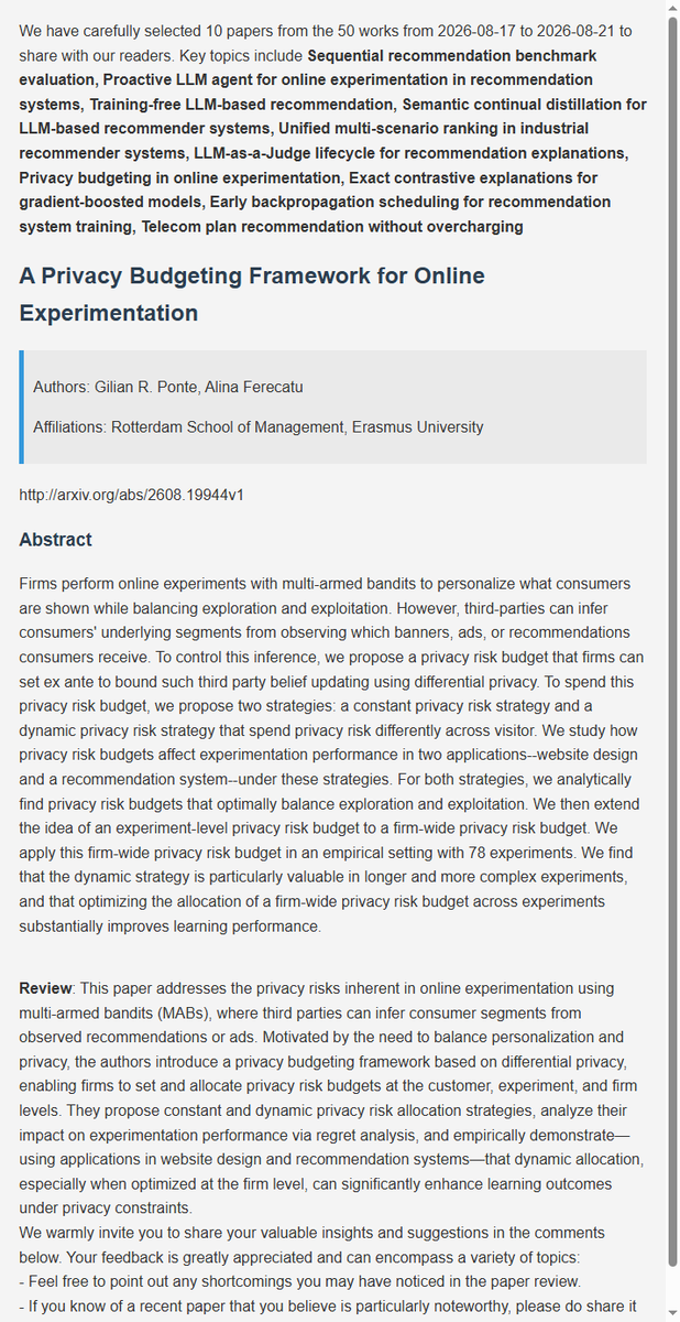 BayCoralee26992's tweet photo. Recommendation latest research progress | 7. A Privacy Budgeting Framework for Online Experimentation
#AI #DeepLearning #ArtificialInteligence #Datascience #Research #recsys https://t.co/NgpIDSBxRZ