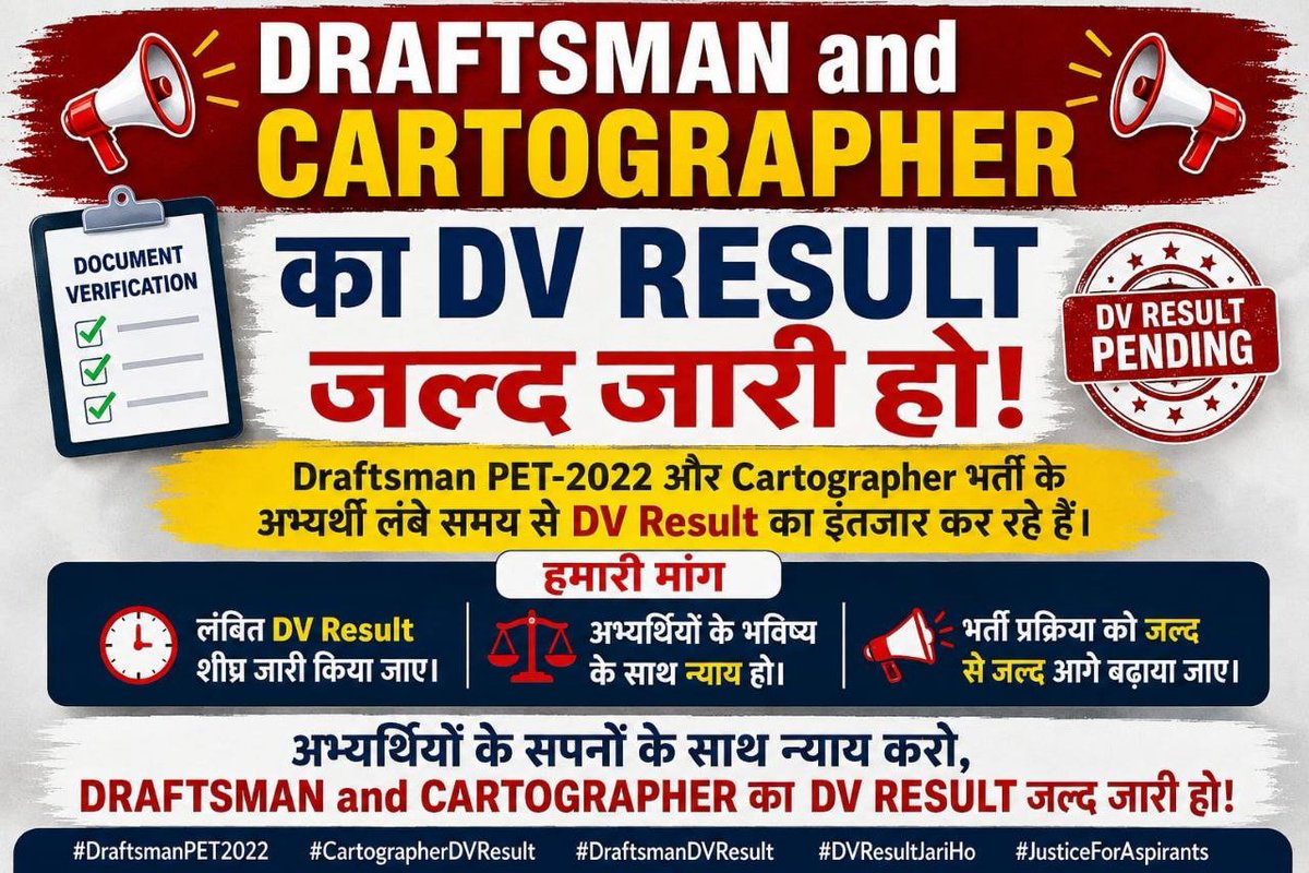 AjayKum02062726's tweet photo. UPSSSC DRAFTSMAN DV CUTOFF DEMAND 

"लंबे इंतज़ार का अंत करो, UPSSSC Draftsman DV Cutoff तुरंत लाओ!"

"पारदर्शिता और न्याय ही हमारी मांग: #DraftsmanDVCutoff"

#release_upsssc_draftman_result 

@UpssscOfficial1 

@myogioffice @brajeshpathakup @OfficeOfKPM @CMOfficeUP https://t.co/LlmalqGEt2