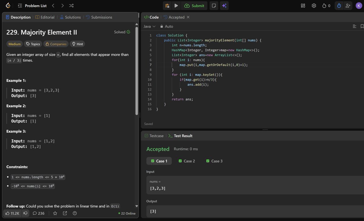 rajnahsik's tweet photo. Day 17 of gearing up for placements 💻

✓ LC 169 &amp; 229: Brute Force, Sorting, HashMap &amp; Boyer-Moore
✓ HashMap felt simpler despite Boyer-Moore being optimal
✓ Revised React core fundamentals for OA MCQs
#DSA #LeetCode #Java https://t.co/9iLnl1B772