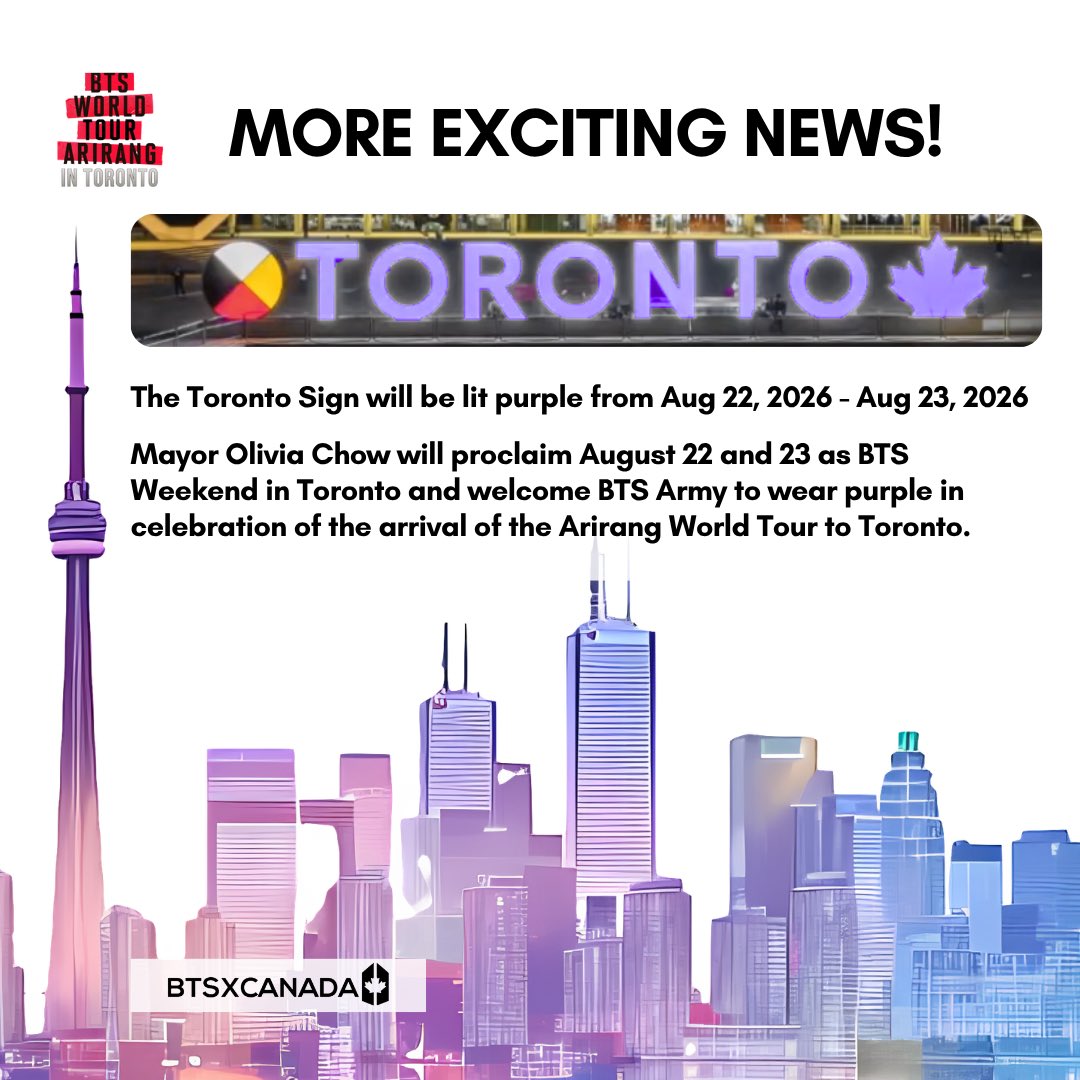 BTSxCanada's tweet photo. Maple ARMY, we have exciting updates regarding @BTS_twt BLVD, Toronto Sign, and @bts_bighit World Tour ARIRANG Weekend in Toronto! 🍁💜
We're grateful to everyone that made these celebratory events possible! Especially, city councillor @LilyChengTO team, fellow 🍁 ARMYs, and BTS. https://t.co/A5KiLs4njz