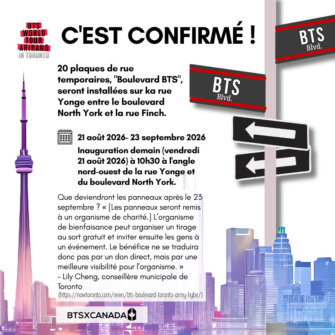 BTSxCanada's tweet photo. Maple ARMY, we have exciting updates regarding @BTS_twt BLVD, Toronto Sign, and @bts_bighit World Tour ARIRANG Weekend in Toronto! 🍁💜
We're grateful to everyone that made these celebratory events possible! Especially, city councillor @LilyChengTO team, fellow 🍁 ARMYs, and BTS. https://t.co/A5KiLs4njz