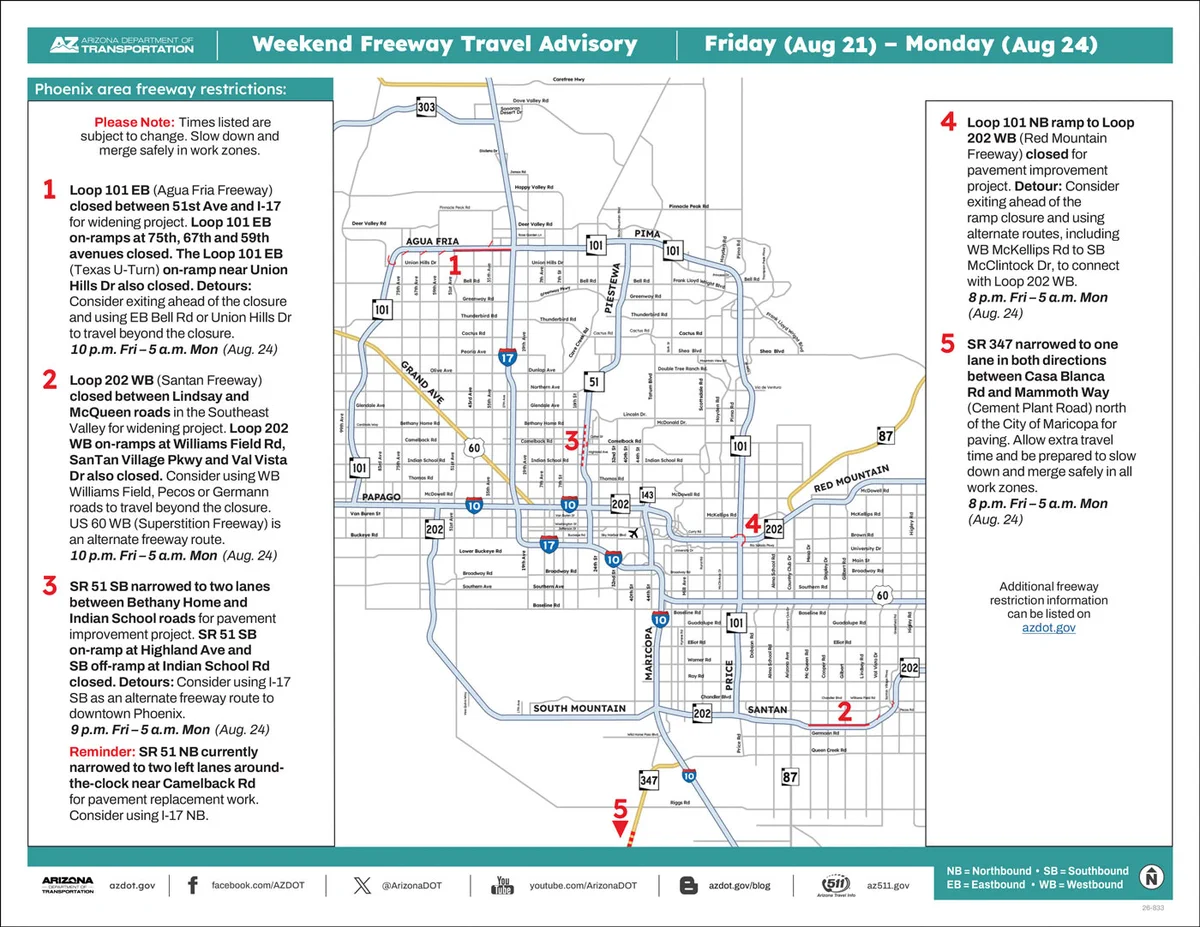 A map graphic showing closures and detours on Phoenix Arizona area freeways between Friday Aug. 21 and Monday, Aug. 24.