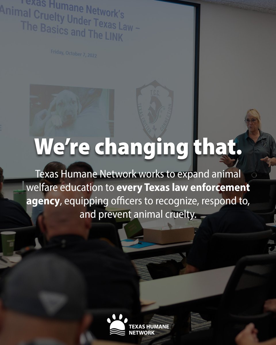 THLNTX's tweet photo. Texas law enforcement officers are often on the front lines of animal cruelty cases, but many lack the training needed to recognize and properly respond.

Your North Texas Giving Day gift can help expand animal welfare education. Early Giving begins August 27, 2026! 🎉 #giving https://t.co/EQfm7uM7Cq