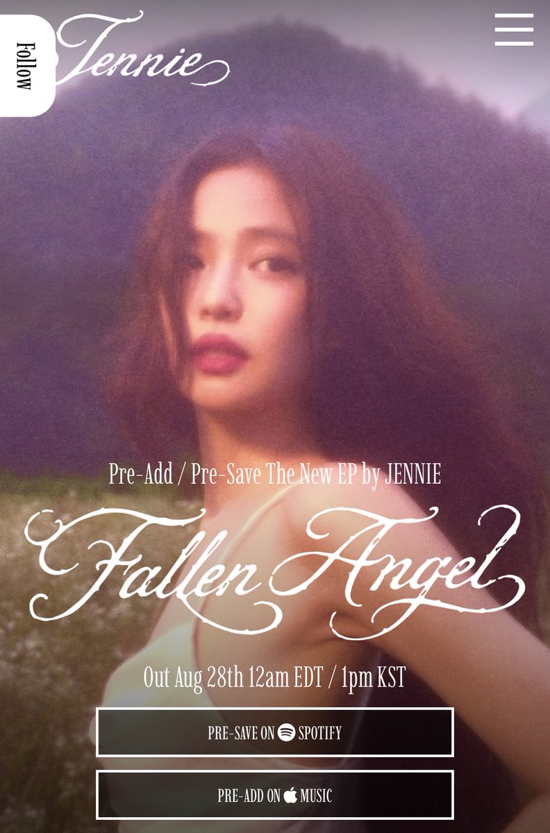 NEWSJENNlE's tweet photo. #JENNIE’s new Digital EP, ‘Fallen Angel (Digital EP)’, will be released on streaming platforms worldwide on Friday, August 28.

Album Title: Fallen Angel (Digital EP)
Release Date & Time: Friday, August 28, 2026 at 1:00 PM (KST) | 12:00 AM (EDT)

Tracklist: 3 tracks 
1. FALLEN ANGEL (title track)
2. HEAVEN
3. Less than a Lover