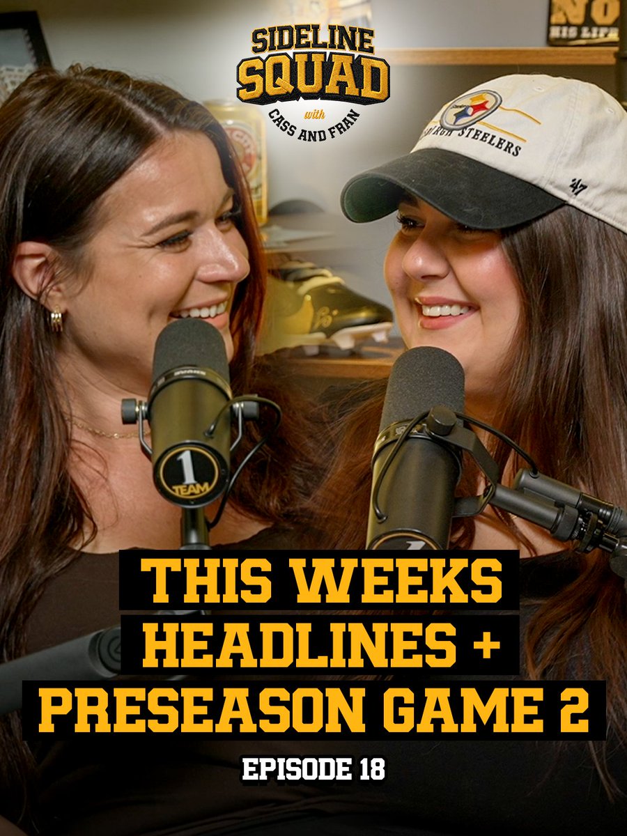 sideline_squad's tweet photo. Cass and Fran are back with Steelers preseason talk, a wild training camp fight story, Drew Allar hype, Jets week, Keeanu Benton’s new deal, Pirates weekend chaos, Mike Tomlin on Fallon, and Braxton Ashcraft love.

Episode 18 is live! Join the squad: https://t.co/zjXBN1eA7A https://t.co/wyPSQna9xM