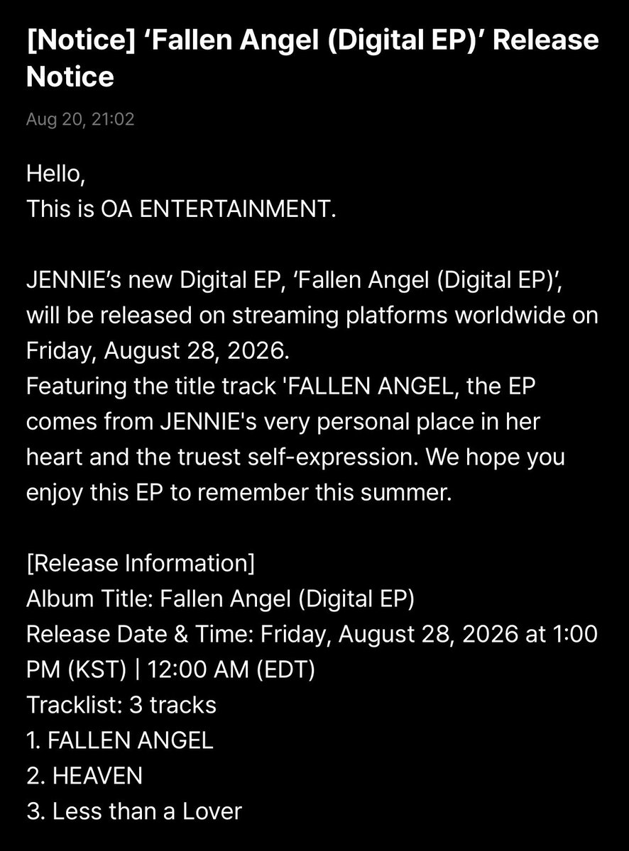 kchartsmaster's tweet photo. JENNIE announces digital EP, ‘Fallen Angel’, out on August 28th.

Tracklist
1. FALLEN ANGEL
2. HEAVEN
3. Less than a Lover https://t.co/KgtKh9ZsCk