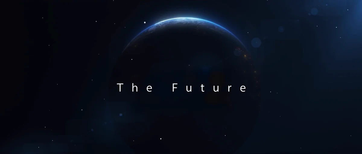 A dimly lit view of Earth from space with the text "The Future" centered over the image. The scene conveys a sense of anticipation and the vastness of space.