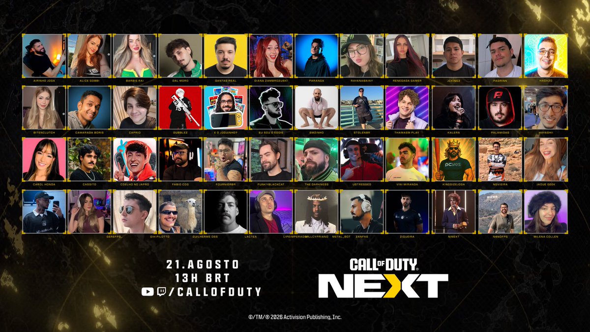 CallofDutyBR's tweet photo. O #CODNext acontece amanhã 💥

Confiram quem são os criadores de conteúdo que vão transmitir tudo ao vivo! Com quem você vai assistir? https://t.co/7nGMdfPM57