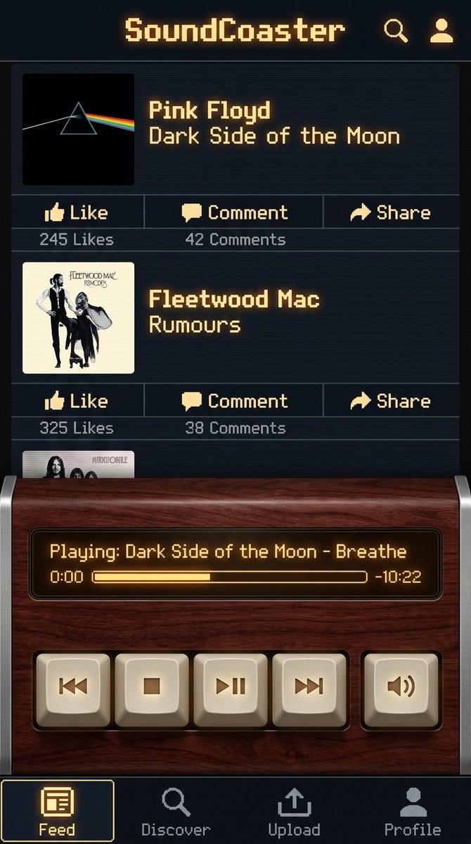 wulymammoth's tweet photo. today was tough. dealing with 429s from a third party API that requires some less than desired infra work.

but i'd like to share a real preview of what i've been working on: a social music discovery app with a real retro vibe, but familiar UX.

this was the first design for it (not its current design). stay tuned for more...

#shipaton #buildinpublic