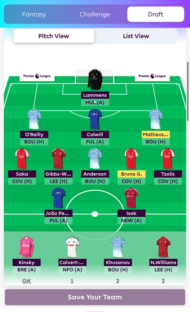 TheBluesScout's tweet photo. @Draft_FC @FPLDraftZone 

This is the draft I ended up with what do you guys think and who should be the starting defenders for the most part? https://t.co/QYY501yFeJ