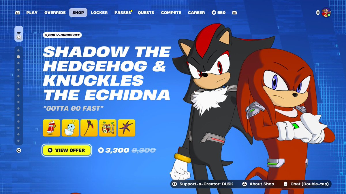CrashLeaksfn's tweet photo. SHADOW, KNUCKLES AND EGGMAN ARE OUT NOW! 🔥
First bundle is 3.8K vbucks (3.3K if you own the wrap from the pass)
And the eggman bundle is 2K vbucks
#Fortnite https://t.co/Fy4Ej94rIR