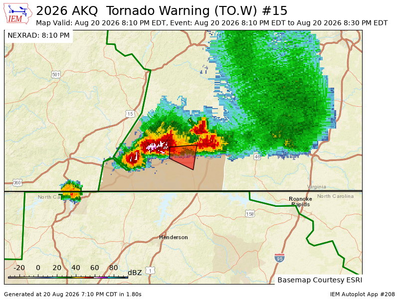 wxcast's tweet photo. AKQ issues Tornado Warning [tornado: RADAR INDICATED, hail: 0.00 IN] for Mecklenburg [VA] till 8:30 PM EDT https://t.co/59YUeECBId https://t.co/fVXgggPgPi