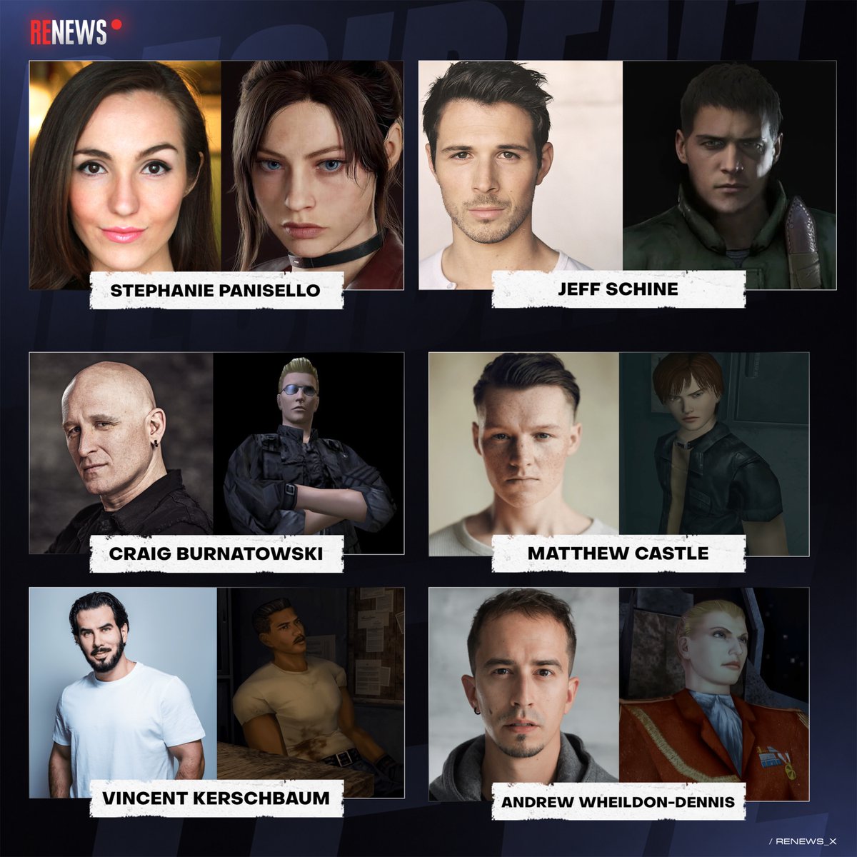 RENews_X's tweet photo. ❗️The cast of Resident Evil Veronica and Resident Evil Zero.

🔥Resident Evil Veronica🔥
• Stephanie Panisello — Claire Redfield
• Jeff Schine — Chris Redfield
• Craig Burnatowski — Albert Wesker
• Matthew Castle — Steve Burnside
• Vincent Kerschbaum — Rodrigo Juan Raval
• Andrew Wheildon-Dennis — Alfred Ashford
• Lizabeth Helian — Alexia Ashford
• Phoebe O’Donovan — unknown role
• Lucy Aarden — unknown role

🚋Resident Evil Zero Remake🚋
• Hallea Jones — Rebecca Chambers
• Jon McLaren — Billy Coen

▪︎ Craig Burnatowski is expected to return as Albert Wesker in both Resident Evil Veronica and Zero.

▪︎ Vincent Kerschbaum will play Umbrella security commander Rodrigo Juan Raval. His previous game roles include Assassin’s Creed IV: Black Flag and Company of Heroes 3.

▪︎ British actor Matthew Castle will play Steve Burnside, marking his first video game role. He previously worked in theater and had small roles in Dumbo and Transformers: The Last Knight.

▪︎ Andrew Wheildon-Dennis will play Alfred Ashford, with Lizabeth Helian as his twin sister Alexia. Wheildon-Dennis previously worked on Capcom’s Dragon’s Dogma 2, while Helian appeared in Dead Island 2.

▪︎ Phoebe O’Donovan and Lucy Aarden are also reportedly in Veronica, but their roles are unknown. O’Donovan previously worked as a production runner on Resident Evil Requiem, while Aarden appeared in Game of Thrones and Slow Horses.

Source: mp1st