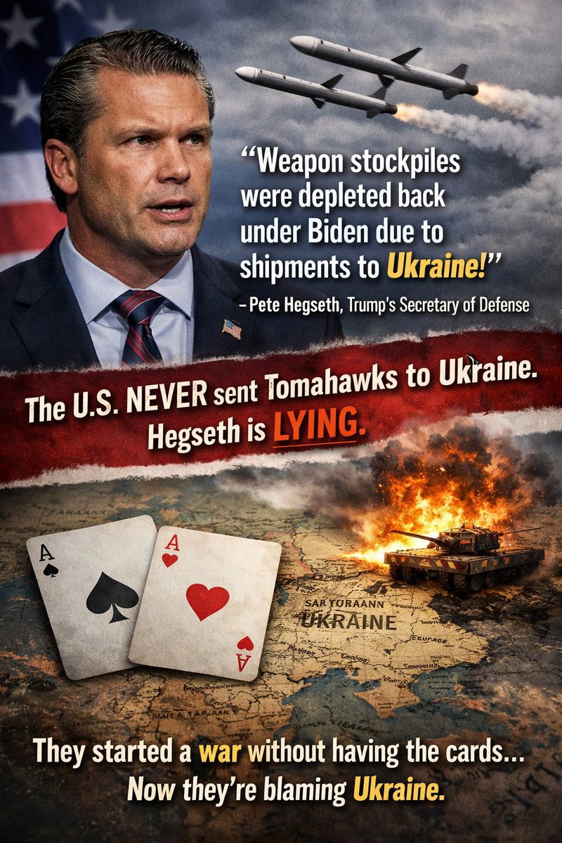 MykhailoRohoza's tweet photo. 🇺🇸🧐Pete Hegseth, Trump’s Secretary of Defense, commented on the shortage of Tomahawk missiles in the U.S., claiming that “weapon stockpiles were depleted back under Biden due to shipments to Ukraine.”
In reality, the U.S. has never supplied Tomahawk missiles to Ukraine — Hegseth is simply lying.
They started a war without having the cards, and now they’re blaming Ukraine.
