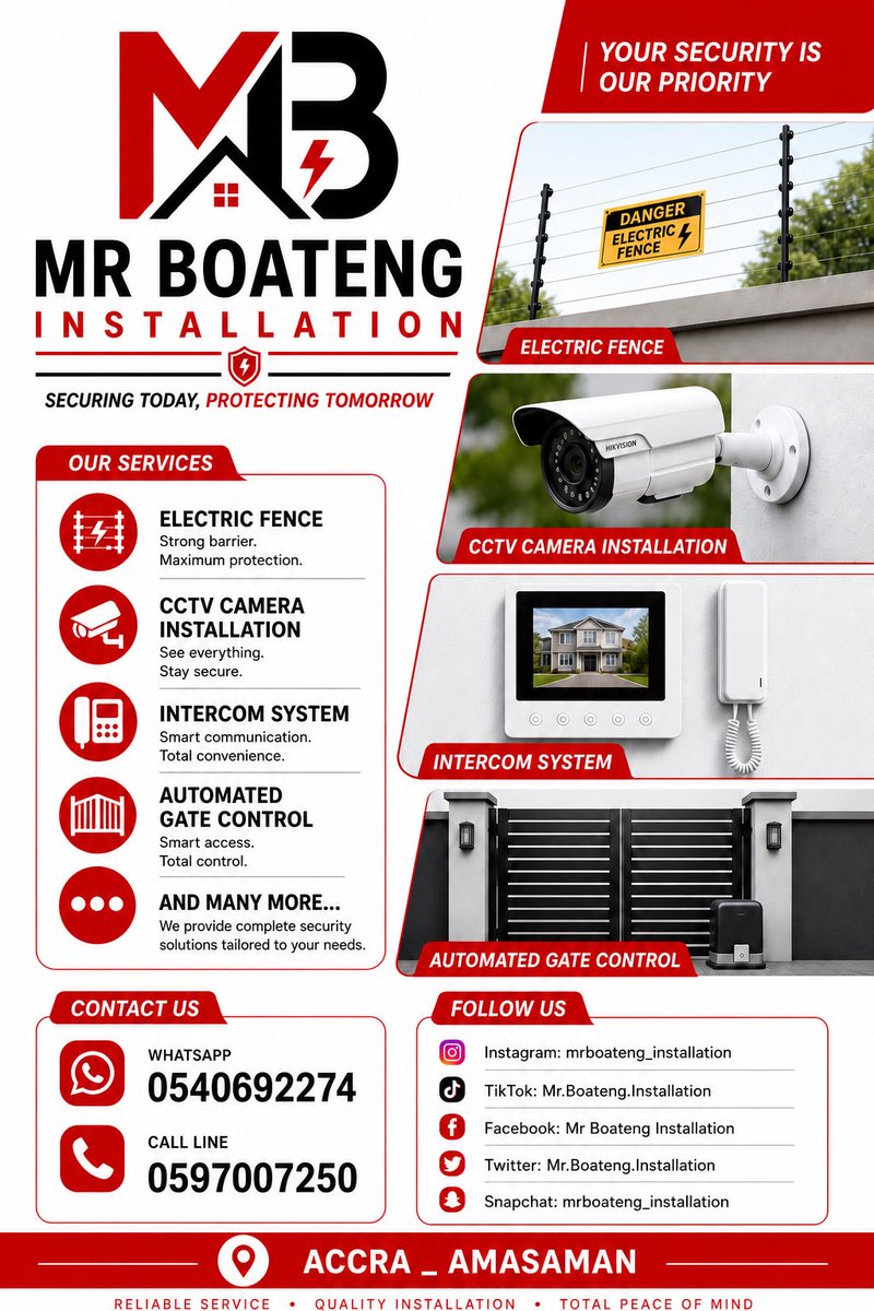 bloggerghupdate's tweet photo. 🛡️ SECURING TODAY, PROTECTING TOMORROW! ⚡🏠

Your safety is our priority! From Electric Fence &amp; CCTV Installation to Intercom Systems and Automated Gate Control, we provide reliable security solutions you can trust. 🔐

📲 WhatsApp: 0540692274
📞 Call: 0597007250

📍 Accra https://t.co/uFcZ5fvN3T