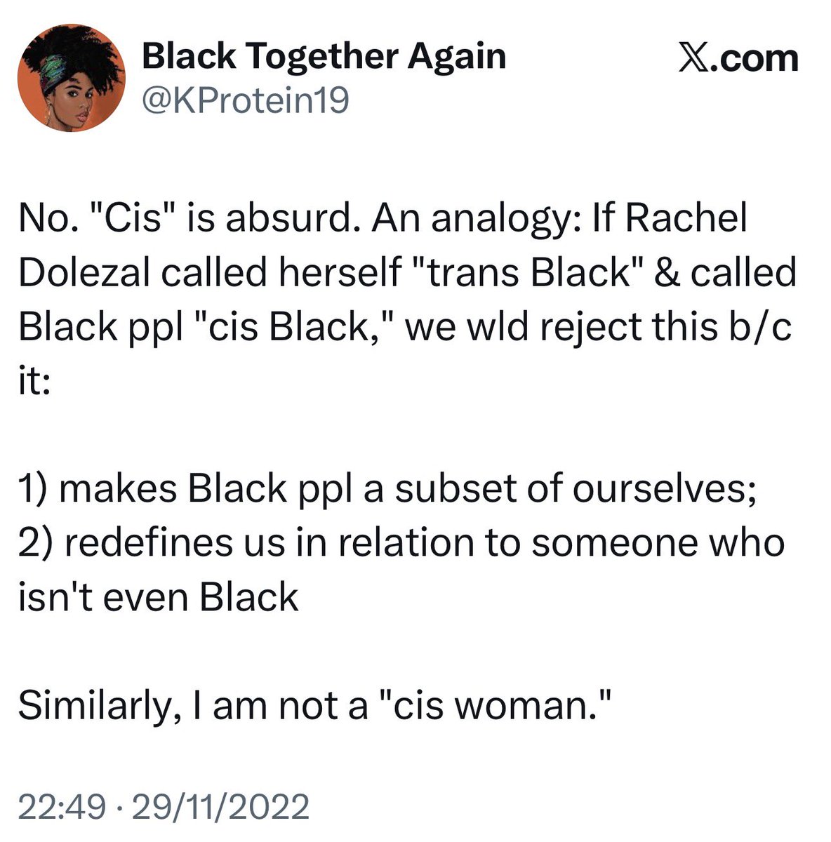 ChantelleA33696's tweet photo. 👇🎯 Women don't need a qualifier. 
We are women because we're adult human females, not because men who lie about their sex decided we are "cis." https://t.co/ccfJqj3nzc