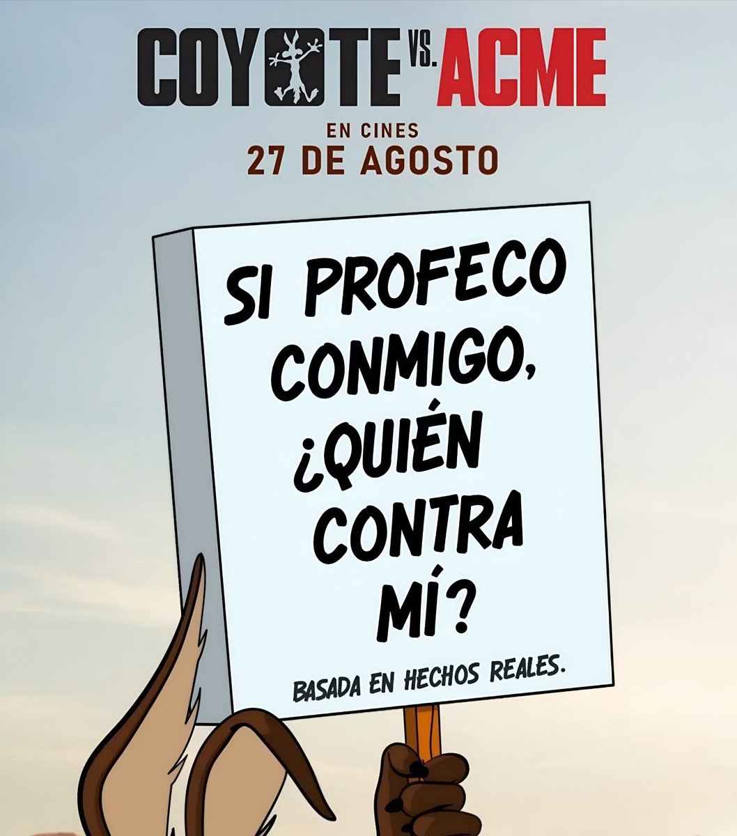 CerebrosG's tweet photo. La nueva cinta de "Coyote vs Acme" que estrenará próximamente en cines, tratará sobre el coyote demandando a la empresa Acme, esto por todos los artefactos que le vendieron durante la caricatura, ya que nunca funcionaban o simplemente estaban defectuosos.

Y para promocionar la película hicieron este póster, dando entender que con la PROFECO de su parte, el coyote tendrá posibilidades de ganar el juicio en la película.
