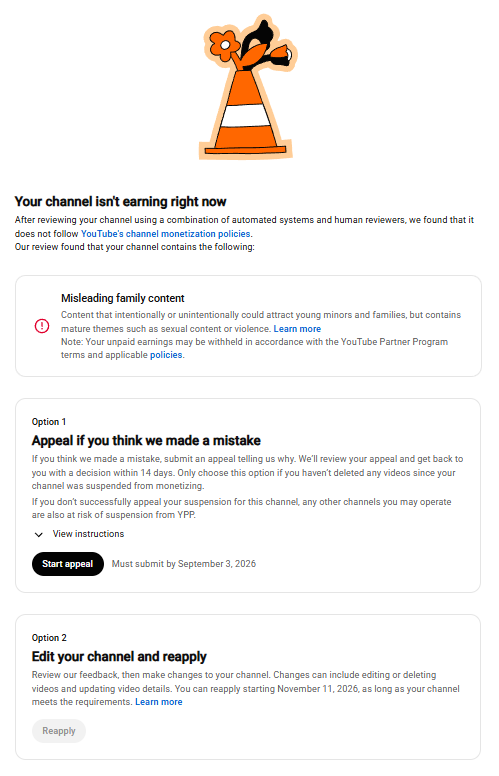 imwaleedq's tweet photo. I don't even know what to fix because they won’t even tell me what’s wrong.

We’re expected to make blind changes, reapply in 90 days with no earnings, and hope we guessed correctly, with no guarantee that we’ll be accepted back.

#Demonetized https://t.co/NyCRxQCho7