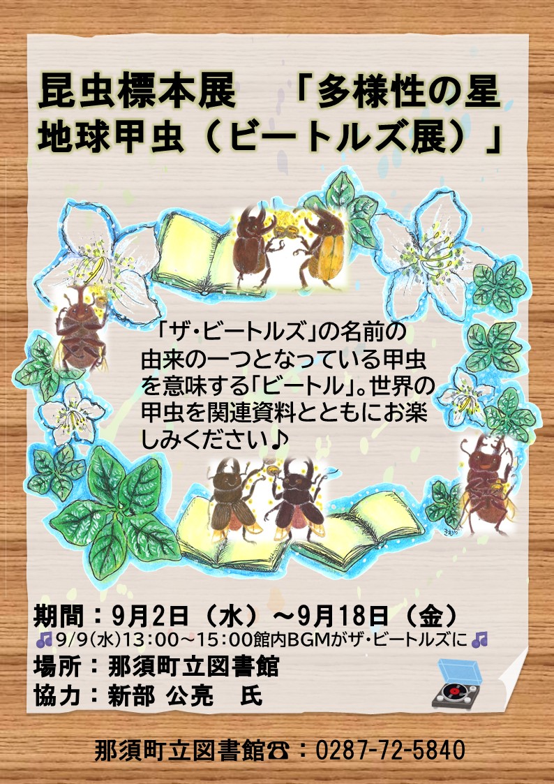 NasuTownLibrary's tweet photo. 昆虫標本展「多様性の星地球甲虫（ビートルズ展）」
期間：9/2（水）～9/18（金）　
場所：那須町立図書館１階雑誌コーナー
♪9/9（水）13：00～15：00館内BGMが「ザ・ビートルズ」に！ https://t.co/4jJ7HnToA3