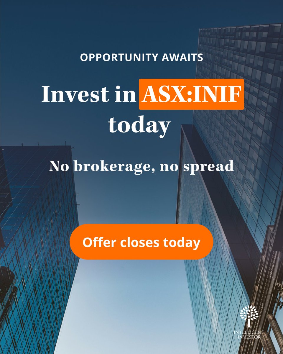 value_investing's tweet photo. 🚨 INIF offer ends at 5pm today 

If you’ve been considering the Intelligent Investor Australian Equity Income Fund (ASX: INIF), there are only hours left to take advantage of the secondary offer. 

Invest directly before the deadline with no brokerage or buy/sell spread costs. 

Managed by Nathan Bell, INIF takes a contrarian, value-focused approach to Australian shares, seeking undervalued businesses with the potential to deliver sustainable income and capital growth over time. 

INIF is designed for investors seeking capital growth and income from Australian shares and may suit those looking to add a satellite holding or smaller allocation to a broader portfolio. 

⏳ Applications close at 5pm today. 

👉 Invest before the offer closes: https://t.co/O7f7liI5ys 

This information is general only and doesn’t take your personal objectives, financial situation or needs into account. Consider the PDS and TMD at https://t.co/7Q3CsrRWqp before making any investment decision. Past performance is not a reliable indicator of future performance. Promoted by InvestSMART Financial Services Pty Limited ACN 089 038 531 AFSL 226435. InvestSMART Funds Management Ltd ABN 62 067 751 759 AFSL # 246441 is the product issuer of the Intelligent Investor Exchange Traded Funds.