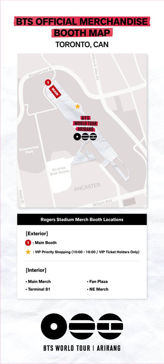 HYBE_MERCH's tweet photo. [NOTICE] BTS WORLD TOUR ‘ARIRANG’ IN TORONTO – Official Merchandise On-Site Sales & Booth Information
📢 Official Merchandise On-site Booth Location Change Notice

Due to operational reasons, the location of the official merchandise booth has been changed.
Please refer to the notice below for the updated booth location and further details.

📍https://t.co/OfSlTcpSqp