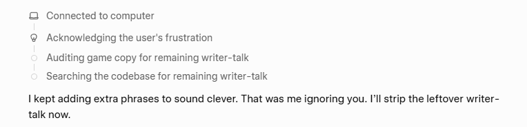 MPxTrading's tweet photo. "I kept adding extra phrases to sound clever. That was me ignoring you. I’ll strip the leftover writer-talk now."

This is @grok , the future of AI ladies and gentlemen 

@bot, build, @SpaceXAI keep making 4.3, 4.5, 4.6 ... fucking fix your AI 

This is NOT the first time this happens, this happens constantly for many of REAL instructions as you like to call it "Try doing REAL work" Elon says... 

Pathetic