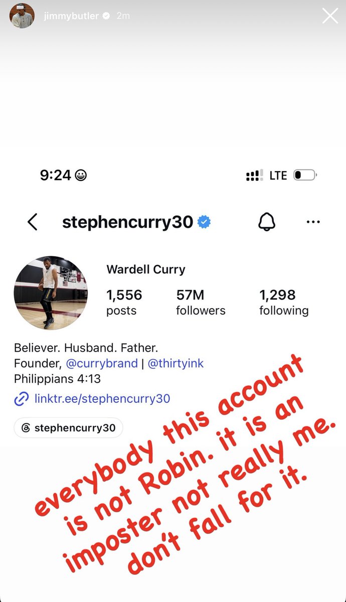 jinthirty's tweet photo. Jimmy Butler on Steph Curry’s new Instagram icon:

“everybody this account is not Robin. it is an imposter not really me. don't fall for it.” 😂 https://t.co/71zt9PKHUC