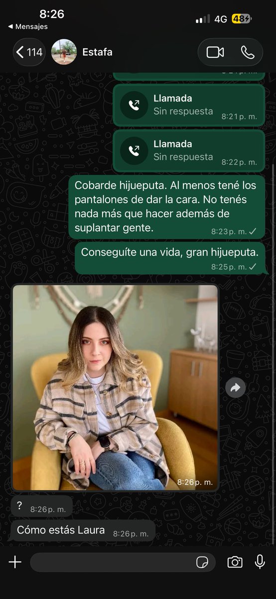 LauraCastanoGir's tweet photo. Alguien estaba tratando de suplantar a mi novia por WhatsApp y cuando intenté contactarle, empezó a nombrar a miembros de mi familia (supongo que con intención de intimidar). 
Dejo por aquí el número por si quieren pasar a darle un cariñito ya que le da como sustico contestar. https://t.co/fJnQfMsP5y