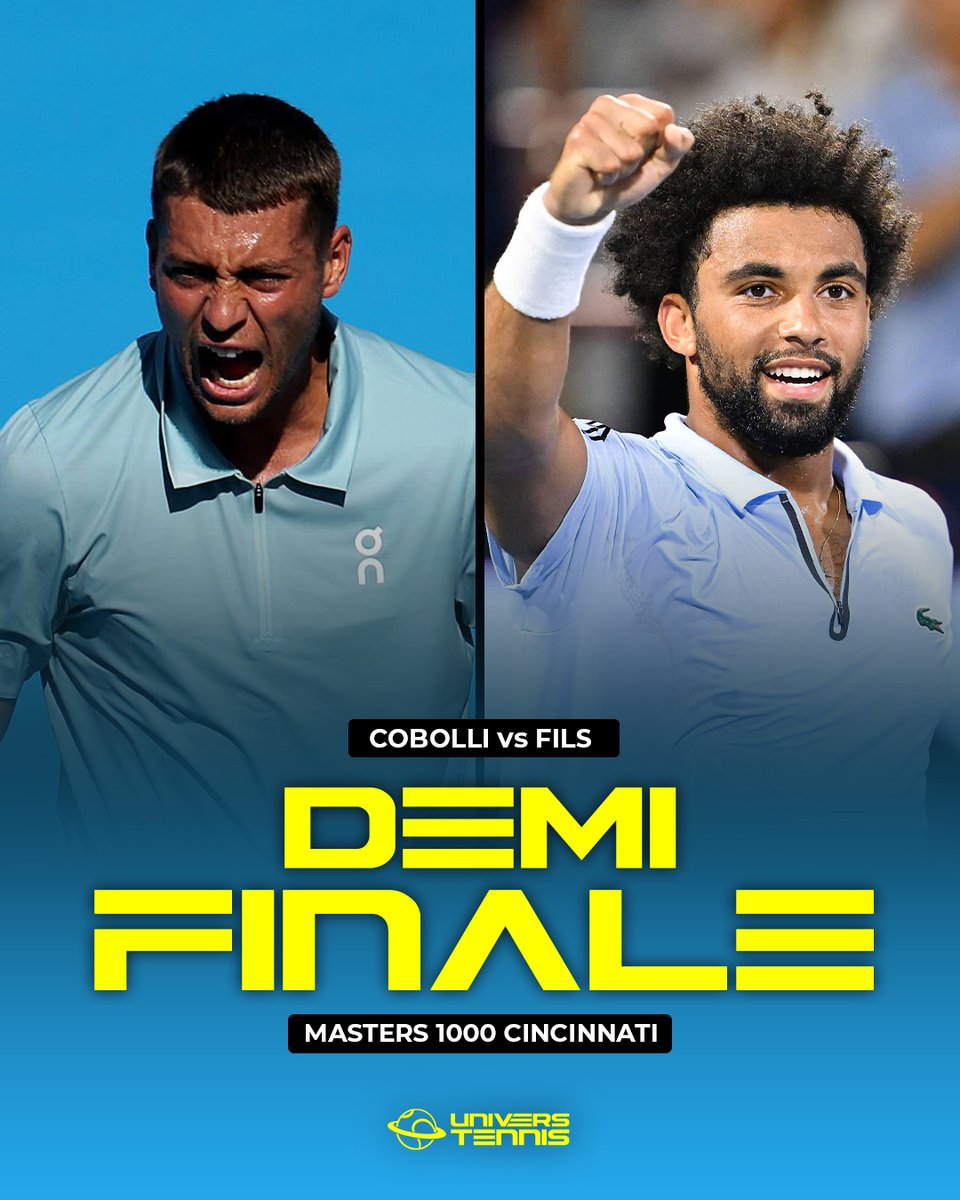 UniversTennis's tweet photo. 🚨 DEMI-FINALE MASTERS 1000 CINCINNATI 🇺🇸

🇮🇹 COBOLLI ⚡️ FILS 🇫🇷

Arthur Fils affrontera le n°10 mondial pour tenter d’atteindre la PLUS GRANDE FINALE de sa carrière. 🔥🔥