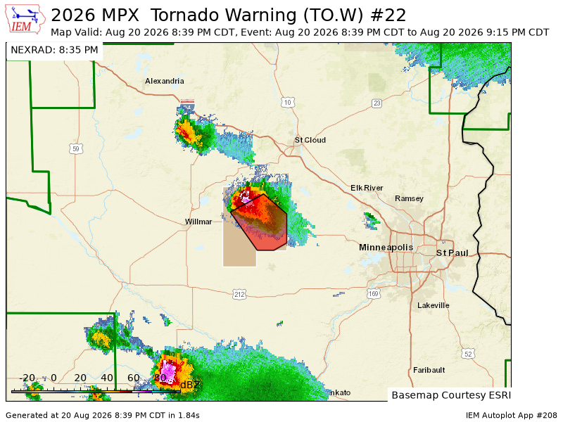 wxcast's tweet photo. MPX issues Tornado Warning [tornado: RADAR INDICATED, hail: 0.00 IN] for Meeker [MN] till 9:15 PM CDT https://t.co/TpsAaBITAV https://t.co/BaFhxsRbaK