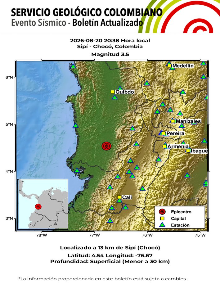 sgcol's tweet photo. #SismosColombiaSGC Evento Sísmico - Boletín Actualizado 1, 2026-08-20, 20:38 hora local Magnitud 3.5. Profundidad superficial, Sipí - Chocó, Colombia ¿Sintió este sismo? repórtelo https://t.co/pgC7OC2O7j https://t.co/63pt8nVsSe #Temblor #Sismo https://t.co/ksnDZaoa7V