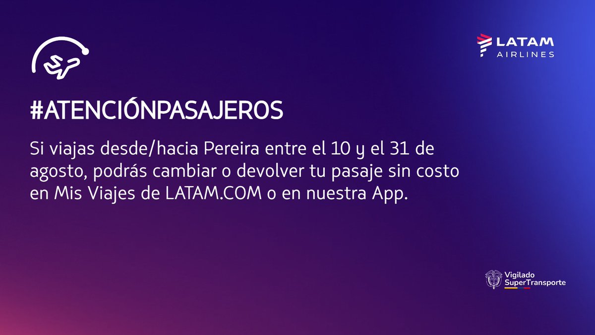 LATAM_CO's tweet photo. #ATENCIÓNPASAJEROS Debido al terremoto registrado en Colombia, algunos vuelos podrían verse afectados, Te recomendamos revisar el estado con anticipación. https://t.co/kp79jrqsHe