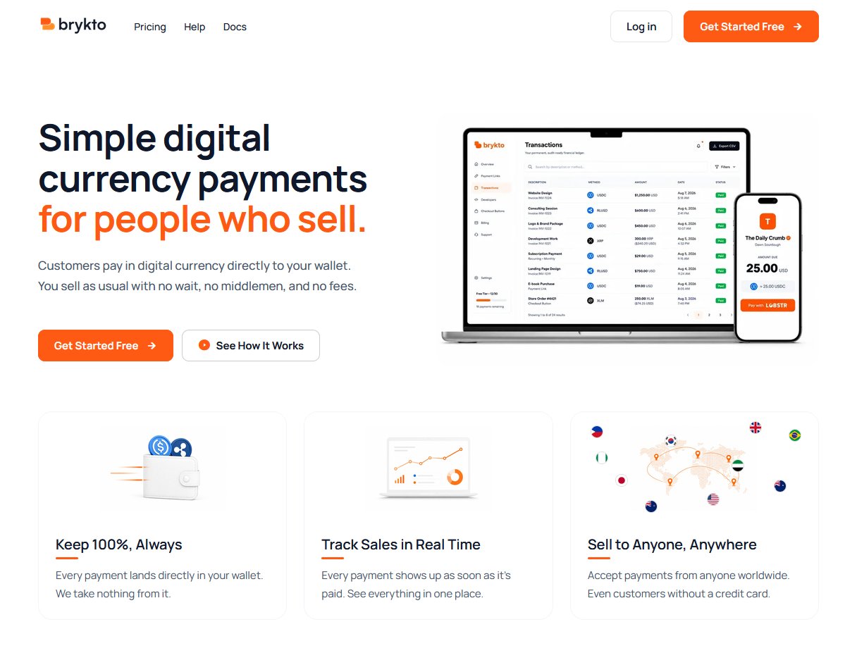 webbycrypto1's tweet photo. Refined the homepage for @brykto 

$XRP and $XLM payments can also be made. On top of stablecoin payments like USDC &amp; RLUSD https://t.co/zUxQ0HBqCV