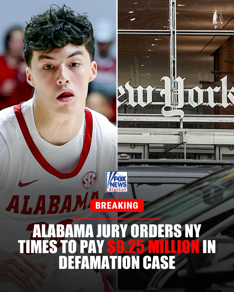 FoxNews_Flash's tweet photo. An Alabama jury just ordered The New York Times to pay $9.25 million to former University of Alabama basketball player Kai Spears after the paper falsely identified him as being at the scene of a fatal shooting.

Spears was an 18-year-old freshman walk-on when a 2023 Times report linked him to a January 2023 shooting that killed 23-year-old Jamea Harris. The reporter relied on a single anonymous source. The Times corrected the story months later — after Spears filed his defamation lawsuit.

The paper hadn't lost a defamation case brought in the United States over one of its articles in more than 50 years.