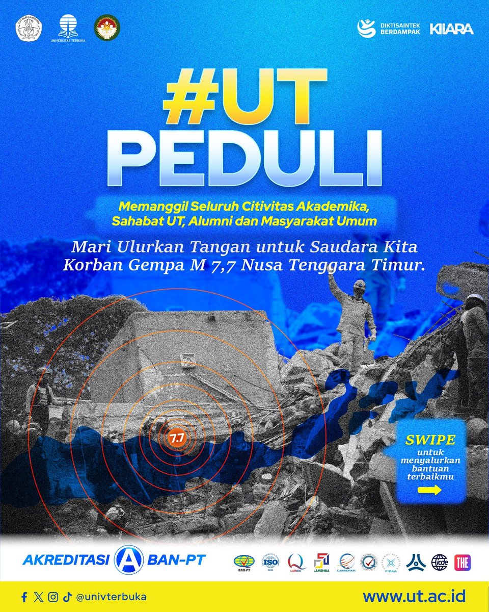 UnivTerbuka's tweet photo. Saatnya kita bergerak dan bantu saudara di NTT! π€²π
βGempa M 7,7 yang menguncang Nusa Tenggara Timur bikin saudara-saudara kita kehilangan tempat tinggal dan butuh uluran tangan. Lewat #UTPeduli, mari sisihkan rezeki terbaik s.d 31 Agustus 2026. https://t.co/8TdN3xm5Mj