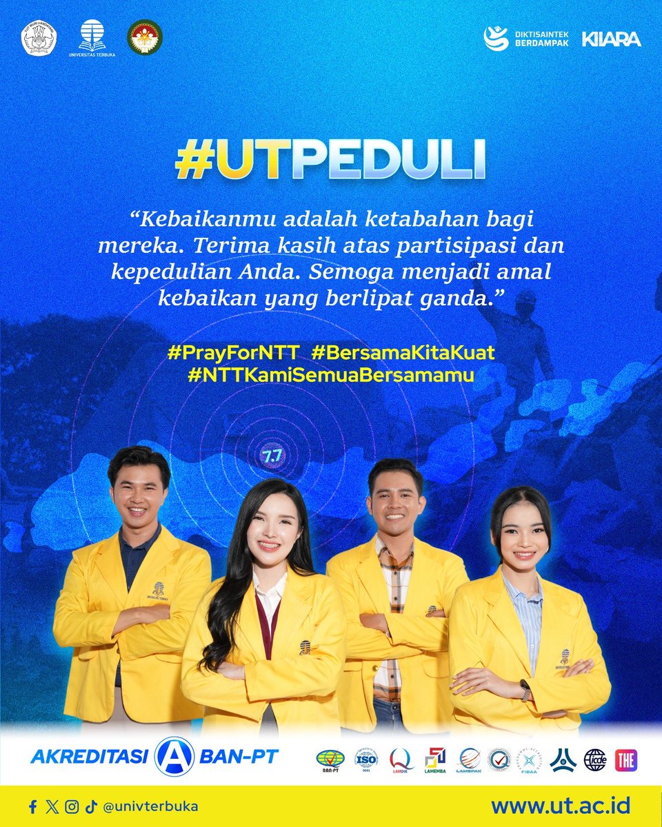 UnivTerbuka's tweet photo. Saatnya kita bergerak dan bantu saudara di NTT! π€²π
βGempa M 7,7 yang menguncang Nusa Tenggara Timur bikin saudara-saudara kita kehilangan tempat tinggal dan butuh uluran tangan. Lewat #UTPeduli, mari sisihkan rezeki terbaik s.d 31 Agustus 2026. https://t.co/8TdN3xm5Mj