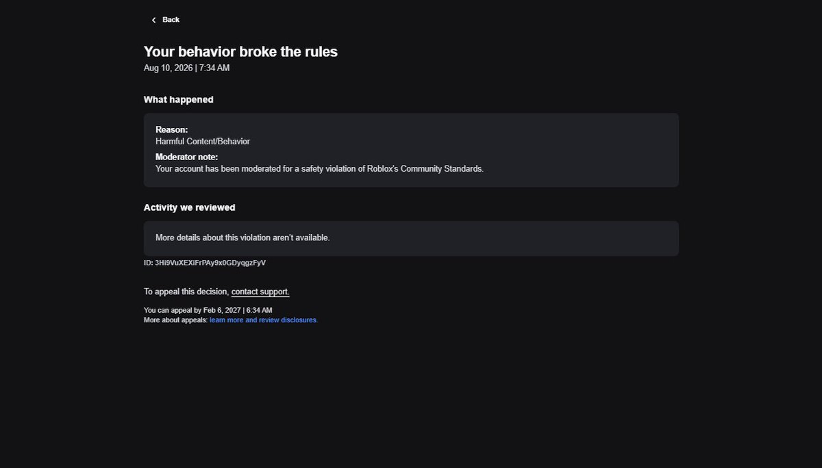 free_kpc's tweet photo. 🚨 Day 11 of my Roblox account kpc being randomly banned for “Harmful Behavior/Content” with no reason or explanation. No reply to my support ticket in 7 days, no email notifying me for ban, and over 500K Robux in losses. Please review my account!
@Roblox
@Roblox_RTC
#robloxban https://t.co/CyyViswoUl