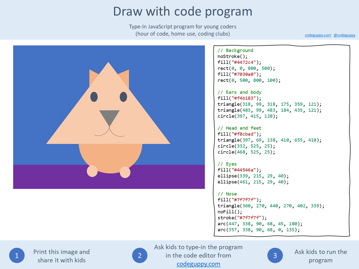 CodeGuppy's tweet photo. Draw with code! A full JavaScript art project packed into one tweet. π¨
Print the image and ask the children in your coding club to type it in.
Great for classrooms and coding clubs. Follow for more!
#LearnToCode #JavaScript https://t.co/y05EElboeS