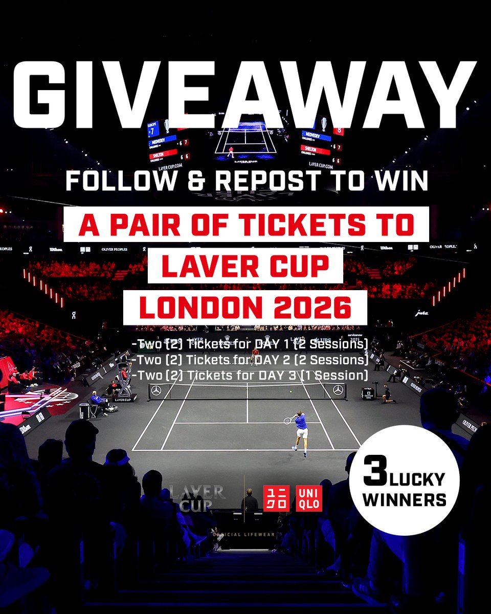UQAmbassadors's tweet photo. UNIQLO has been the Laver Cup Official LifeWear Supplier since 2021 and will again support the Laver Cup in London in 2026.
To celebrate this magnificent event, we are launching a LAVER CUP Ticket Giveaway!

GIVEAWAY📢
This is a special giveaway for a chance to win a pair of tickets to LAVER CUP London 2026 for each day!

Two (2) Tickets for DAY 1, Friday, September 25 (2 Sessions)
Two (2) Tickets for DAY 2, Saturday, September 26 (2 Sessions)
Two (2) Tickets for DAY 3, Sunday, September 27 (1 Session)

How to Enter:
Follow @UQAmbassadors
REPOST the giveaway post during the entry period

Campaign term:
5:00 PM August 21, 2026 (Fri) ~ 4:59 PM August 28, 2026 (Fri) JST

A combined total of 3 lucky winners will be selected at random from Instagram and X.
Check the @UQAmbassadors profile link for terms and conditions.
Good Luck!
#LaverCup #UNIQLO @LaverCup